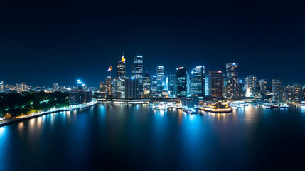 Naklejka premium A stunning, illuminated skyline at night featuring modern buildings reflecting on tranquil water.
