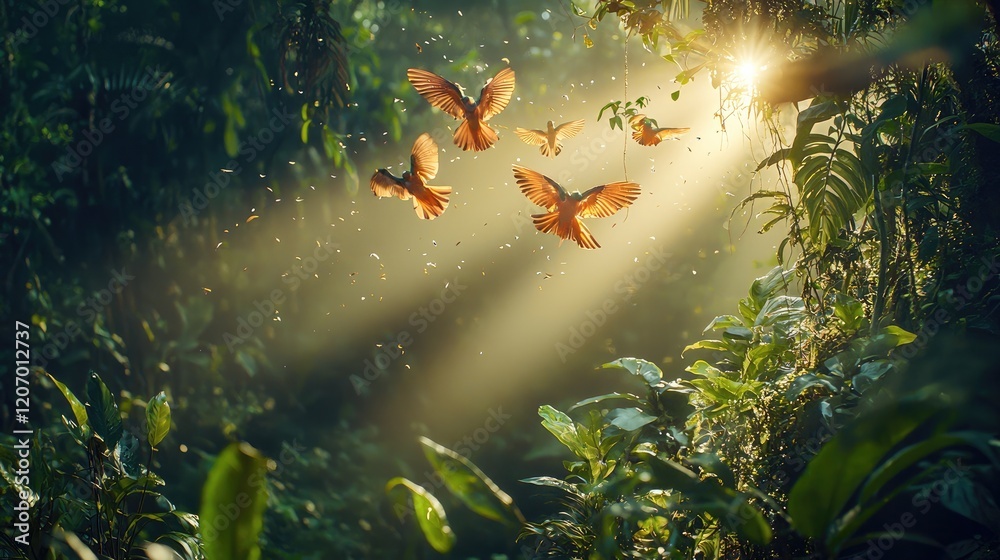Aufkleber An enchanting view of the Amazon jungle with minimal light filtering through the dense canopy, creating a dramatic and shadowy atmosphere. Vibrant, colorful birds like Hummingbirds flying about.