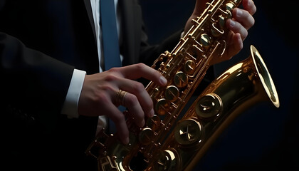 Obraz premium Detalle de hombre músico tocando el saxofón tenor. 