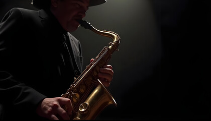 Obraz premium Detalle de hombre músico tocando el saxofón tenor. Escenario con fondo negro