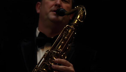 Obraz premium Detalle de hombre músico tocando el saxofón tenor. Escenario con fondo negro