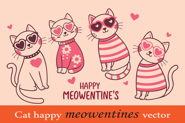 Cat illustration featuring a playful and festive group of cats with a Valentine's Day theme