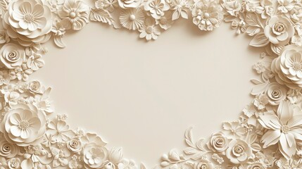 White Paper Flowers Heart Frame Border Background