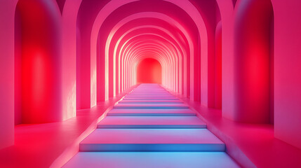 Fototapeta premium 3d rendering. Futuristic interior corridor with stairs and neon light