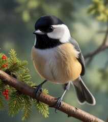 Fototapeta premium Chickadee with distinctive black cap on a twig, tree, autumn