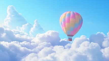 Fototapeta premium Hot Air Balloon Floating Above Fluffy White Clouds Under Bright Blue Sky in a Serene and Dreamy Landscape Perfect for Inspirational Themes