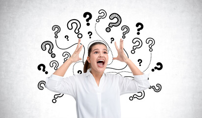 Woman expressing stress with question marks around her head.
