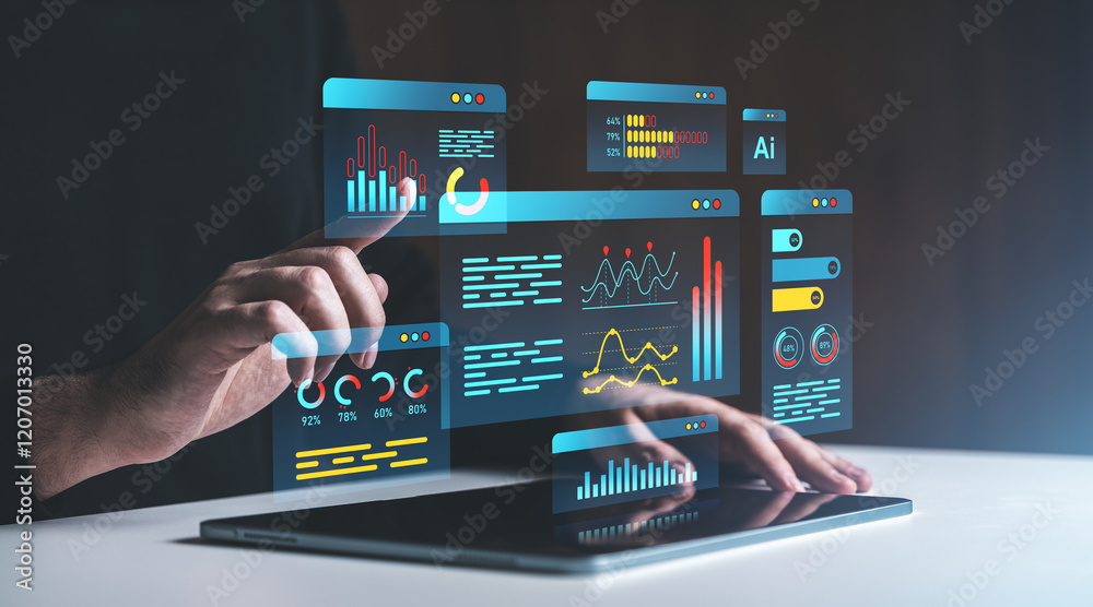Wall mural user interacting with futuristic data visualization interface on tablet.