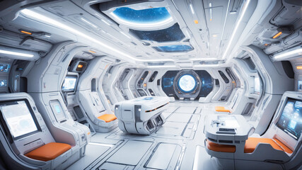 A futuristic, high-tech interior of a spacecraft or space station