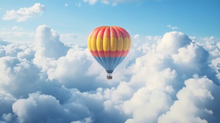 Naklejka premium Colorful Hot Air Balloon Floating Above Fluffy White Clouds in a Bright Blue Sky During a Beautiful Day, Evoking a Sense of Freedom and Adventure in the Great Outdoors