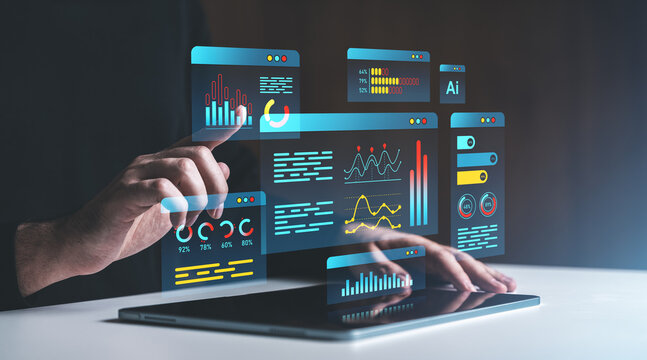 User interacting with futuristic data visualization interface on tablet.