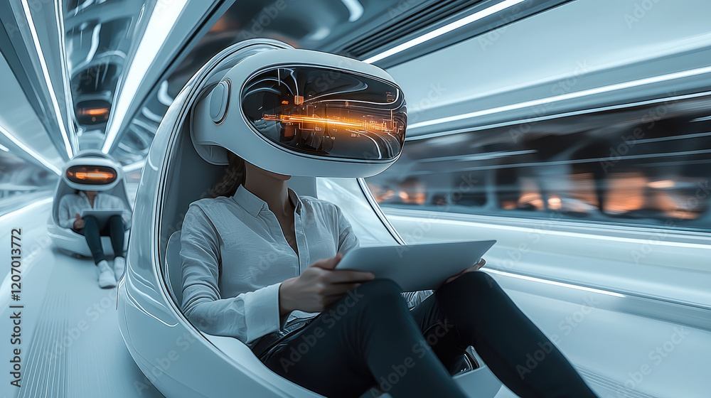 Aufkleber a futuristic, inside an autonomous vehicle with passengers wearing advanced vr glasses designed to r