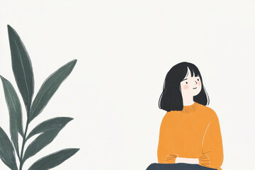 A girl is sitting in front of a plant