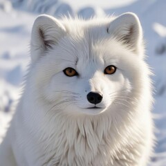 Close-up of an arctic fox with fluffy white fur in a winter landscape, snowy, wildlife photography