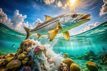 Double Exposure: Snook Fish Leaping from Water, Aquatic Scene