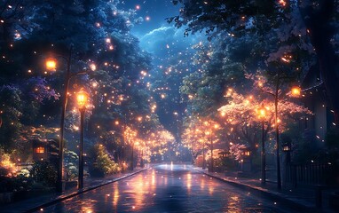 Obraz premium Dreamy Evening Street Lamps and Flowers