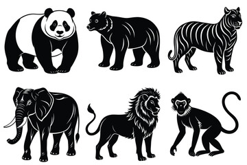 Wildlife animal silhouettes set isolated on white background