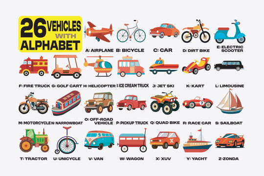 Vehicle names a to z - alphabetical transportation collection perfect for educational, automotive, or creative projects.