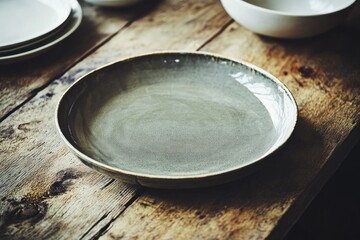 Empty gray ceramic serving bowl on rustic wood table.
