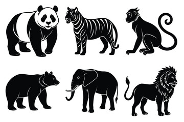 Wildlife animal silhouettes set isolated on white background