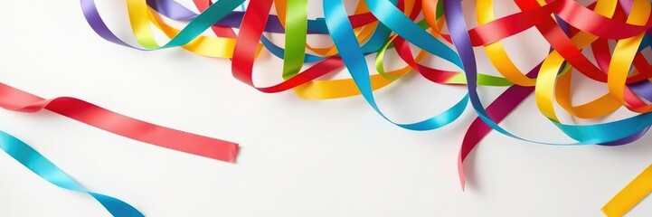 Brightly colored ribbons in a swirling motion on a white background, creating a festive and celebratory atmosphere, lively, bows, vibrant