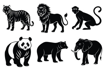 Wildlife animal silhouettes set isolated on white background