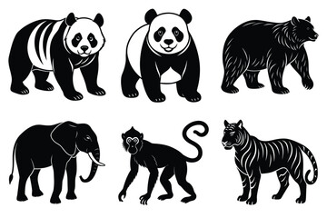 Wildlife animal silhouettes set isolated on white background