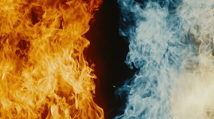 Obraz premium Fiery orange flames contrast with icy blue smoke on black background.