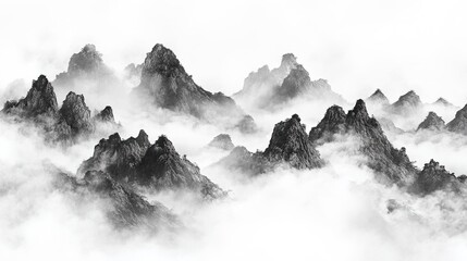 Elegant Chinese Ink Landscape: Misty Mountains at Dawn. Minimalist Black and White Illustration for High-End Design. Abstract Marketing Background with Traditional Aesthetics for Posters, Banners, and