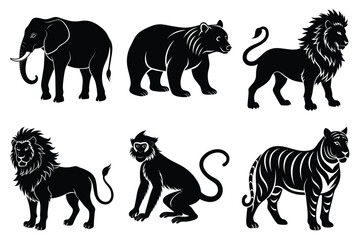 Wildlife animal silhouettes set isolated on white background