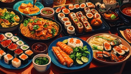 Diverse Asian cuisine feast; sushi, noodles, dumplings.