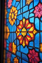 Vibrant Stained Glass Window with Intricate Floral Patterns in Rich Blue, Red, and Yellow Hues Illuminated by Natural Light