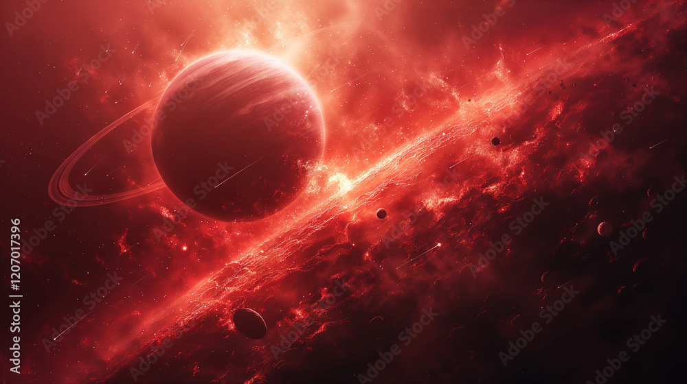 Canvas Prints cosmic landscape with rings around a planet and a glowing sun backdrop. generative ai