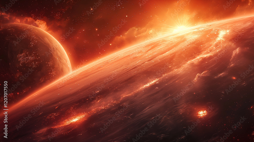 Canvas Prints cosmic landscape with rings around a planet and a glowing sun backdrop. generative ai