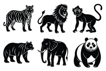 Wildlife animal silhouettes set isolated on white background