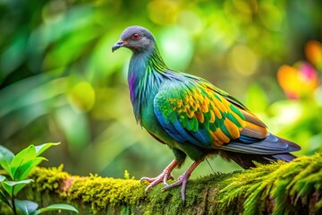 Obraz premium Nicobar Pigeon Side Profile Walking on Branch - Vibrant Tropical Bird