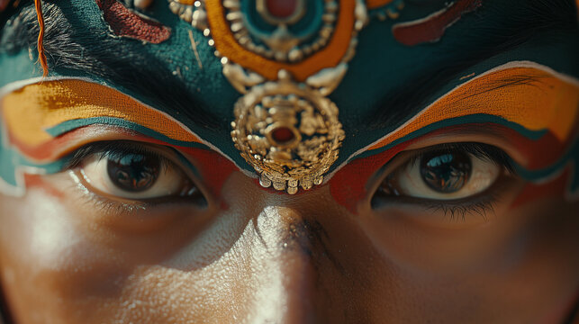 close-up of a monk wearing a brightly colored mask in the shape of a mystical face, serious eyes, detailed carvings on the mask clearly visible, Ai generated images