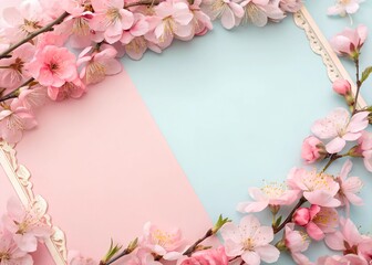 Delicate Pink Floral Frame on Pastel Background Perfect for Greeting Cards, Valentine's Day, and Women's Day Campaigns