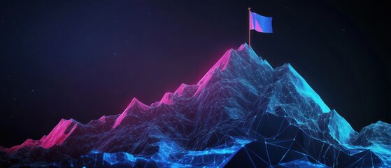 Abstract low-poly mountain with a flag on top, glowing blue and purple lines, and a dark background.