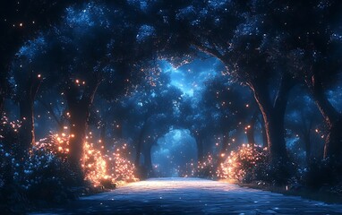 Peaceful Moonlight Path in a Dark Blue Forest