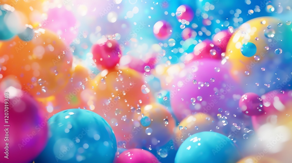 Wall mural colorful 3d rendering of a cluster of glossy spheres with a shallow depth of field and out of focus 