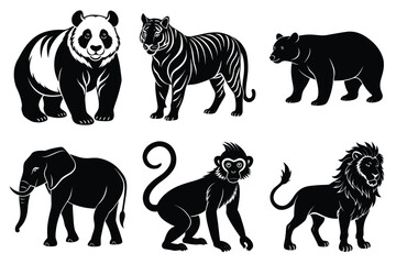 Wildlife animal silhouettes set isolated on white background