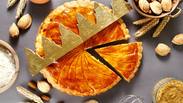 epiphany cake with crown and ingredient. French traditional galette des rois