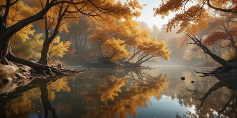 Autumnal tree branches hanging above the pond's calm waters, , garden features, natural scenery