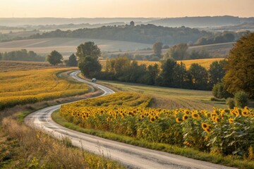Fototapeta premium Autumn sunflower field with a winding country road, scenic drive, foliage display, autumnal colors, countryside, field