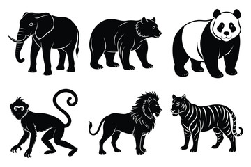 Wildlife animal silhouettes set isolated on white background