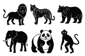 Wildlife animal silhouettes set isolated on white background