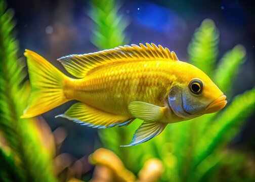 Vibrant Yellow Zebra Mbuna Cichlid Aquarium Fish Swimming Right, Copy Space
