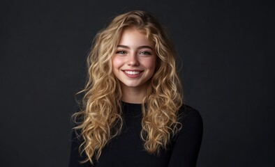 Fototapeta premium Beautiful girl with long curly hair, blonde on a dark background, posing in the studio.