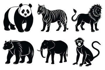 Wildlife animal silhouettes set isolated on white background